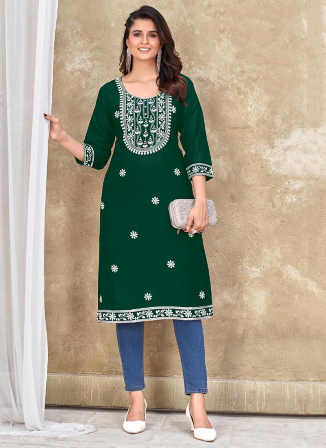 Rayon Green Office Wear Embroidery Work Readymade Kurti